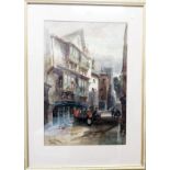 Alfred Leyman: a parcel gilt framed watercolour, depicting a street scene in Dartmouth with