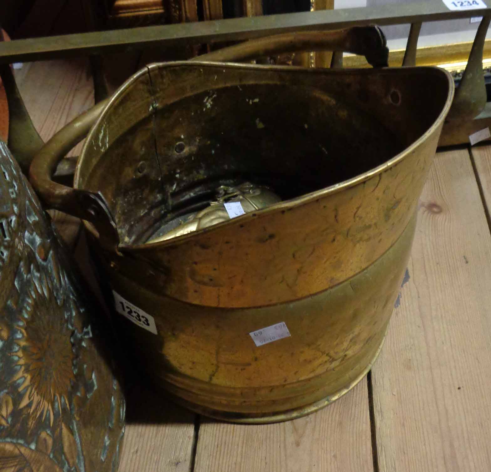 A brass coal scuttle and other items