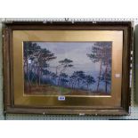 †J. Barrett: a gilt framed and slipped watercolour, depicting deer in woodland on Mount Edgcumbe