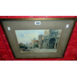 A gilt framed 19th Century watercolour of a medieval courtyard, St Augustines, Canterbury -