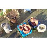 Two boxes of plant pots, barbecue, watering can, etc.
