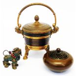 A small Chinese censer with pierced lid, a continental lidded caldron with Bacchus mask handles