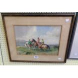 William Evans Linton: a framed watercolour, depicting female horse riders in a moorland setting -