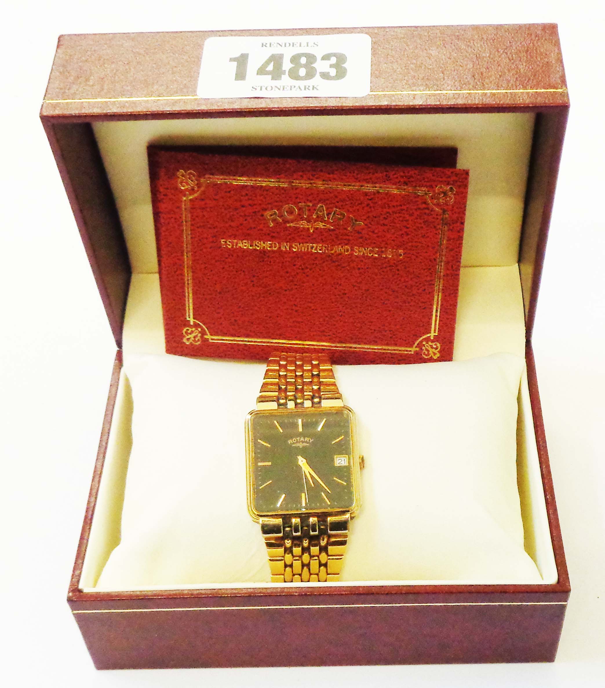 A boxed Rotary gentleman's gold plated cased dress wristwatch with paperwork and outer card box -