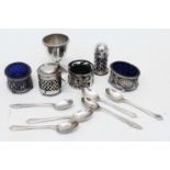 Various silver condiments, egg cup and assorted coffee spoons - various age and makers