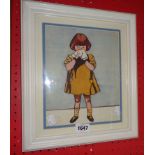A framed watercolour, depicting a young girl blowing her nose into a handkerchief