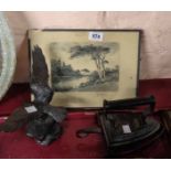 A flat iron and stand, a spelter figure of an eagle and an etching