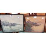 Two framed watercolours, depicting fishing villages, both indistinctly monogrammed and one dated