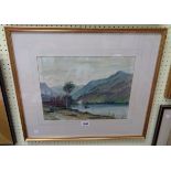 M.R.: a gilt framed watercolour, depicting a mountain lake scene with building, vessels and two