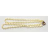 A long string of uniform cultured pearls with decorative white metal clasp