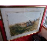 Berrisford Hill: a gilt framed watercolour, depicting a flock of partridges in grassy dunes - signed