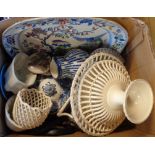 A box containing various ceramics including Davenport meat plate, jelly moulds, creamware plate,