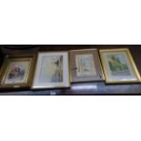 Four gilt framed watercolours, one depicting a fisherman landing his catch, another of figures in