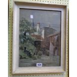 Ann Yates: a framed watercolour, depicting courtyard buildings with spire in background - signed
