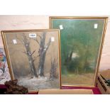 Two gilt framed watercolours, one a woodland scene, one in snow, by the same hand, indistinctly