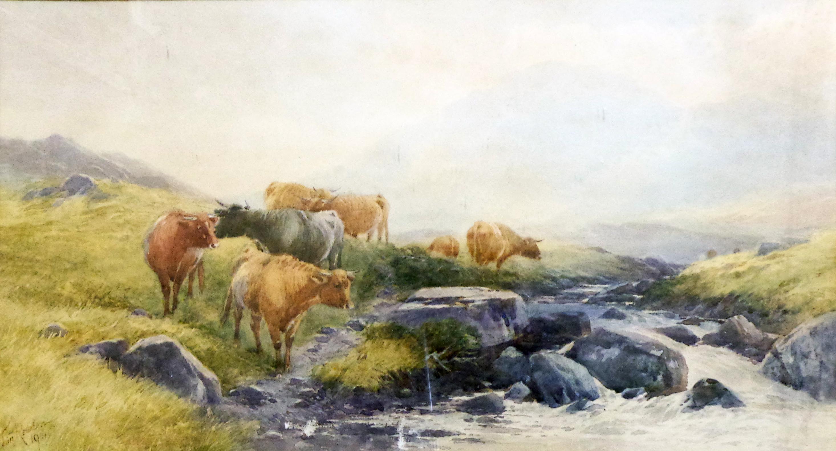 Thomas Rowden: a gilt framed and slipped watercolour, depicting cattle watering at a moorland stream