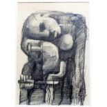 †R. O. Lenkiewicz: a framed unsigned pencil drawing study of a figural wood block carving - this