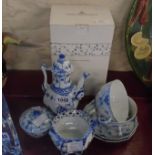 A boxed Copenhagen blue and white lace pattern coffee pot - sold with another and various items of