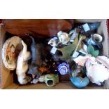 A box of various ceramics including Beswick Whitethroat and Bluetit, Bohemian blue flash cut scent