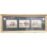 A gilt framed triptych of watercolours, depicting Raj period Indian scenes with figures and carts