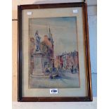Alfred Rawlings: a gilt framed watercolour, depicting a street scene with a statue of Queen Victoria