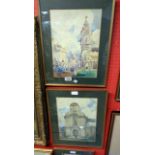 R.D. Wells: three framed watercolours, one depicting a piazza with group of figures, the other two