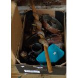 A box containing collectable metalware including moulds, etc.