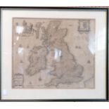 A Hogarth framed antique monochrome map print of the British Isles with Royal Coat of Arms