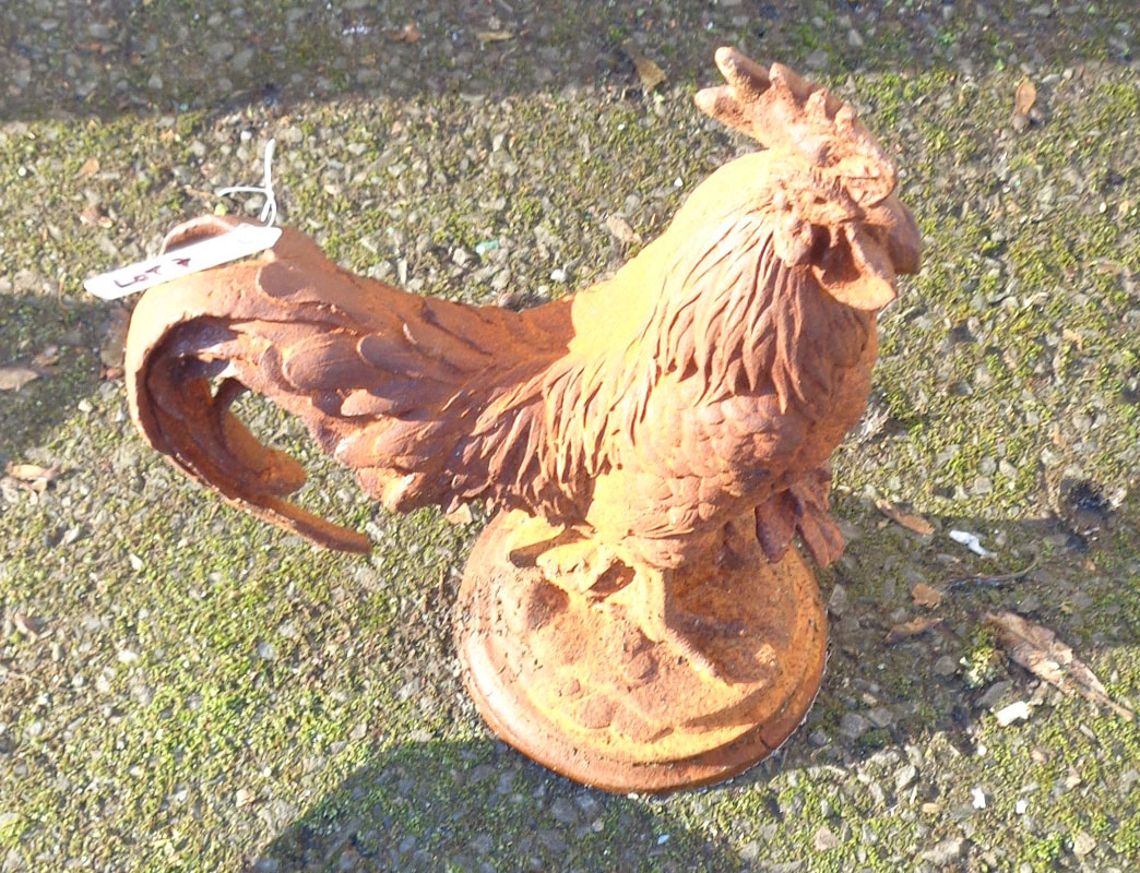 A cast iron garden cockerel with rusted finish