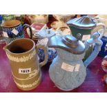A Doulton jug, Graingers Worcester jug and three others