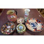 Six pieces of pottery including Mabel Leigh Shorter Muresque jug, Portmeirion Botanic Garden vase,