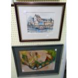 K. Moss: a framed watercolour depicting waterside buildings and harbour wall - sold with a framed