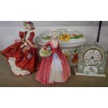 Two Royal Doulton figurines, Janet and Top o' the Hill, a Wedgwood Hummingbirds clock, and a Royal