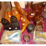 A collection of treen items including Hutton folding boot trees, set of three graduated storage
