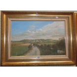 B. Hooper: an ornate gilt and hessian framed oil on canvas depicting figures and cart on a track