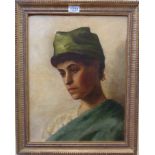 A gilt framed early 20th Century oil on canvas laid on board portrait of a woman wearing a green hat