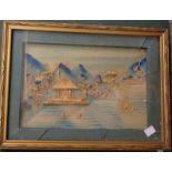 Three similarly gilt framed Oriental cork pictures depicting island landscapes - various condition