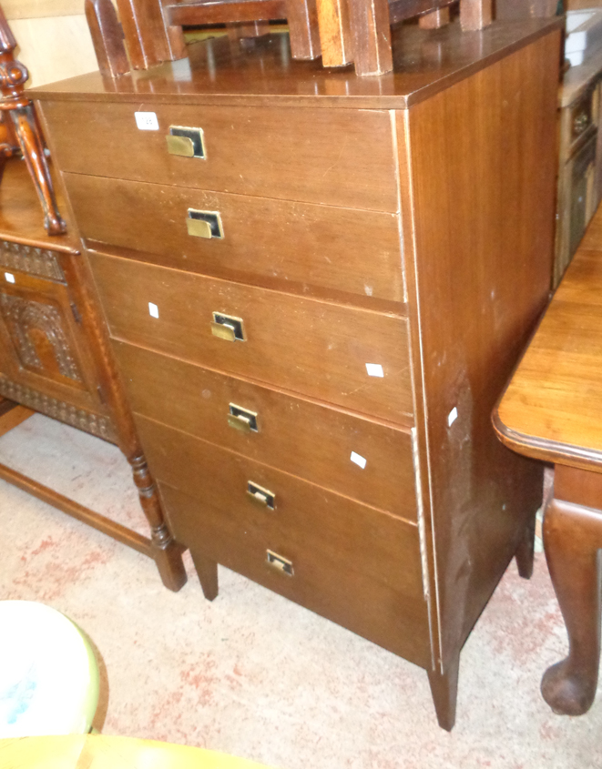 A 26" vintage Limelight Furniture stained mixed wood chest with flight of six long graduated