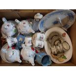 A box containing a quantity of assorted ceramics including Coalport cake plate, Nao figurine, etc.