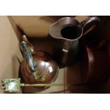 A copper jug and kettle - sold with a brass toasting fork and a collar box