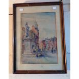 Alfred Rawlings: a gilt framed watercolour depicting a street scene with a statue of Queen