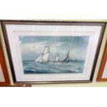 A framed coloured print, depicting French sailing vessels in the English Channel - sold with Kate