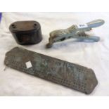 A cast iron Baird & Tatlock of London cork press, Birmingham Municipal money bank and a brass