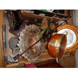 A box containing a quantity of collectable items including metalware, musical instrument parts,