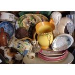 A box containing a quantity of assorted ceramics including Mason's jug, Burleigh jug, meat plates,