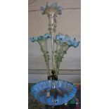 A Victorian four branch opaline vaseline glass epergne - damaged and repaired