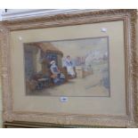 Albert Hazelgrave: a ornate gesso framed watercolour, depicting a woman mending fishing nets with