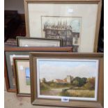 Five assorted framed pictures including W. Wilson: oil on board depicting a rural church and