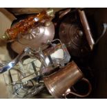 A Victorian copper kettle with amber glass handle, another, two silver plated stands, etc.