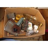 A box of various items including brass jug, costume jewellery, Portmeirion dish, oil lamp, etc.